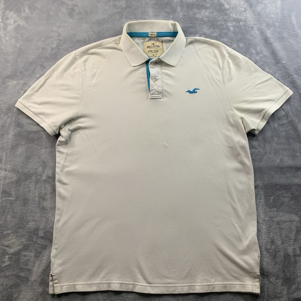 Hollister Mens Polo Size XL White Epic‎ Flex Logo Embroidered Shirt